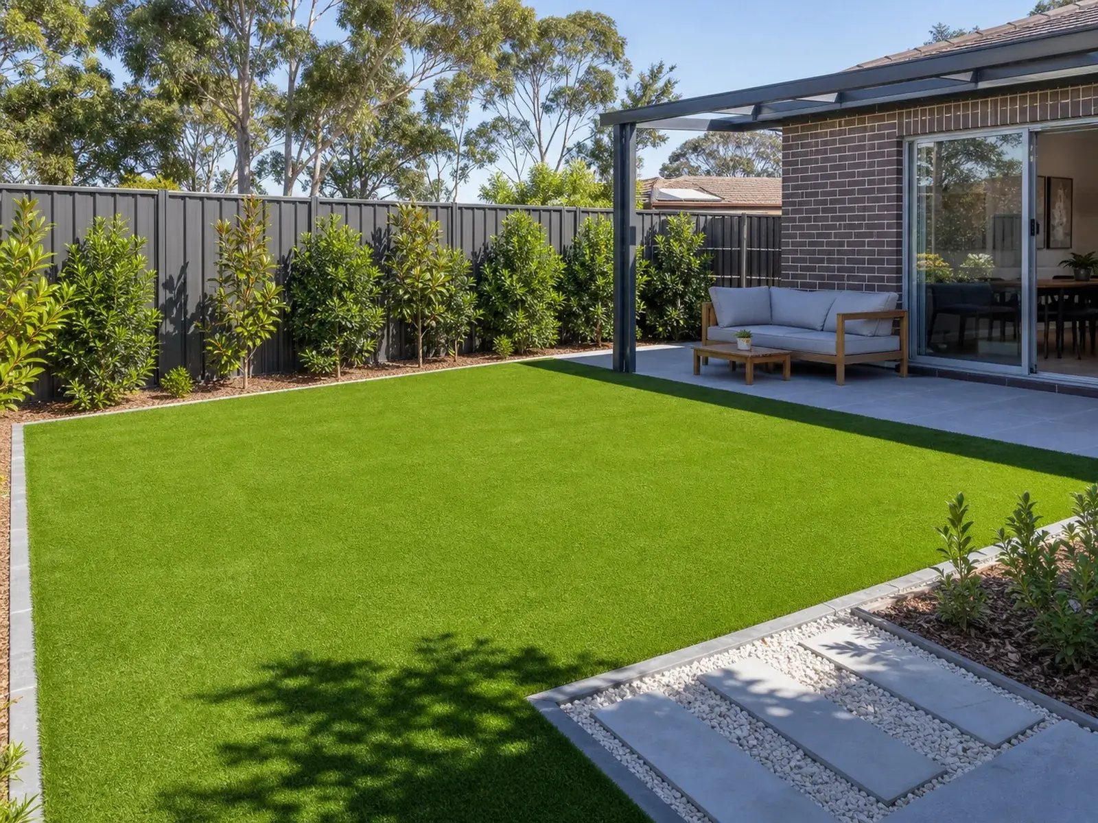 Completed artificial grass backyard installation